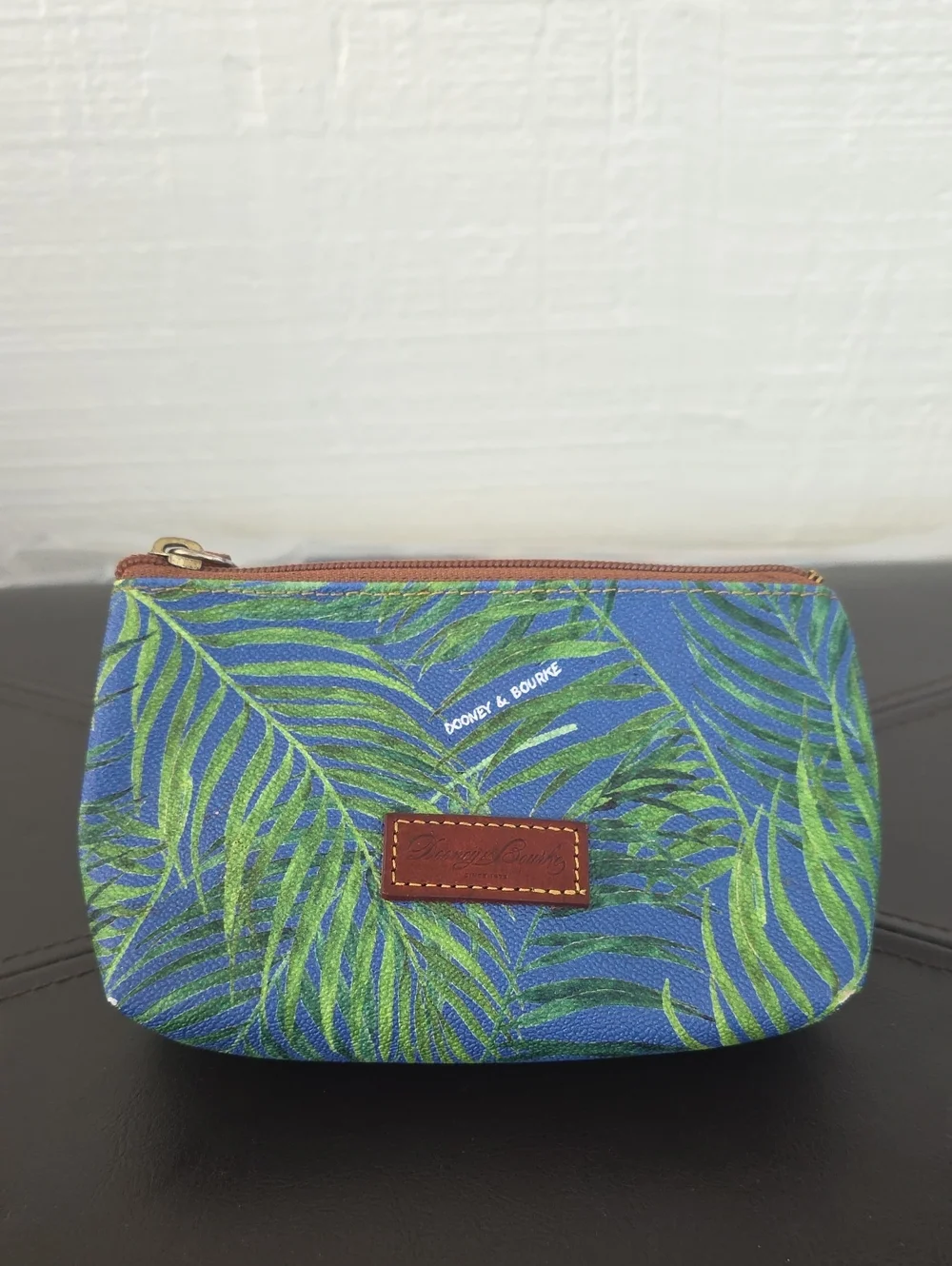 Dooney & Bourke Blue Canvas Leaf Zip Pouch with Green Print